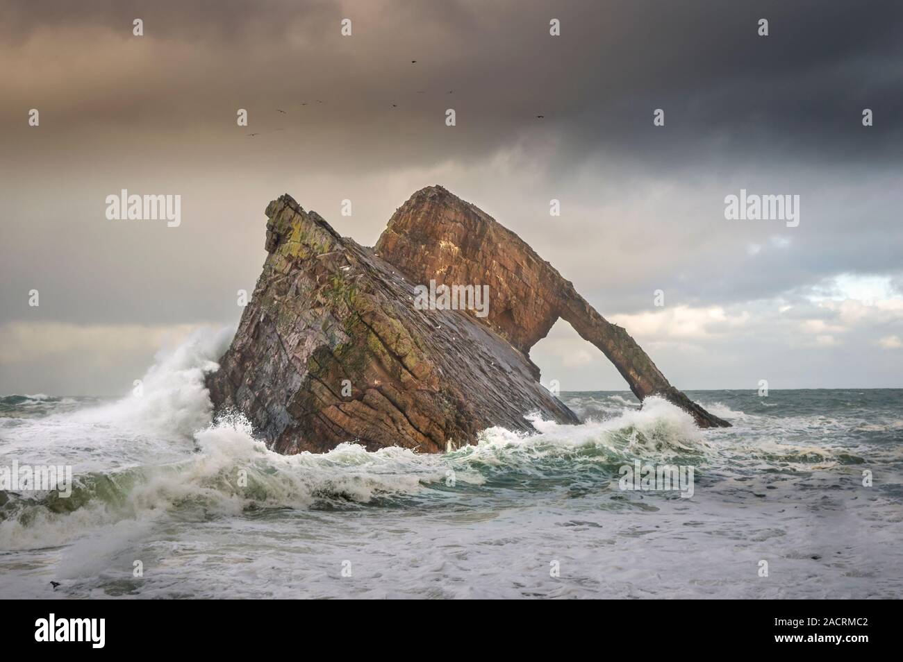 BOW FIDDLE ROCK PORTKNOCKIE MORAY Scozia sferrata da un forte vento e le onde tempestose Foto Stock