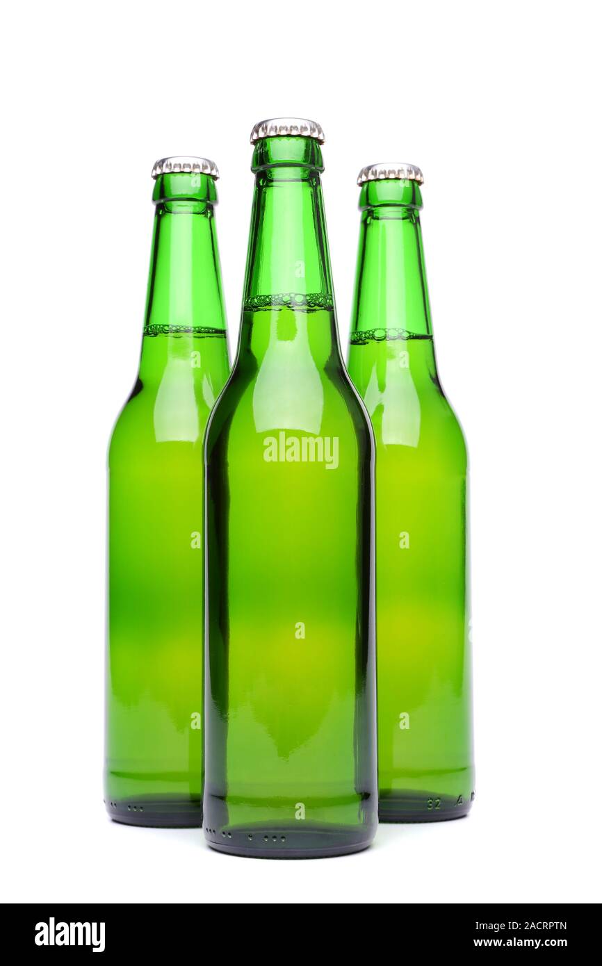 Verde tre bottiglie di birra. Foto Stock