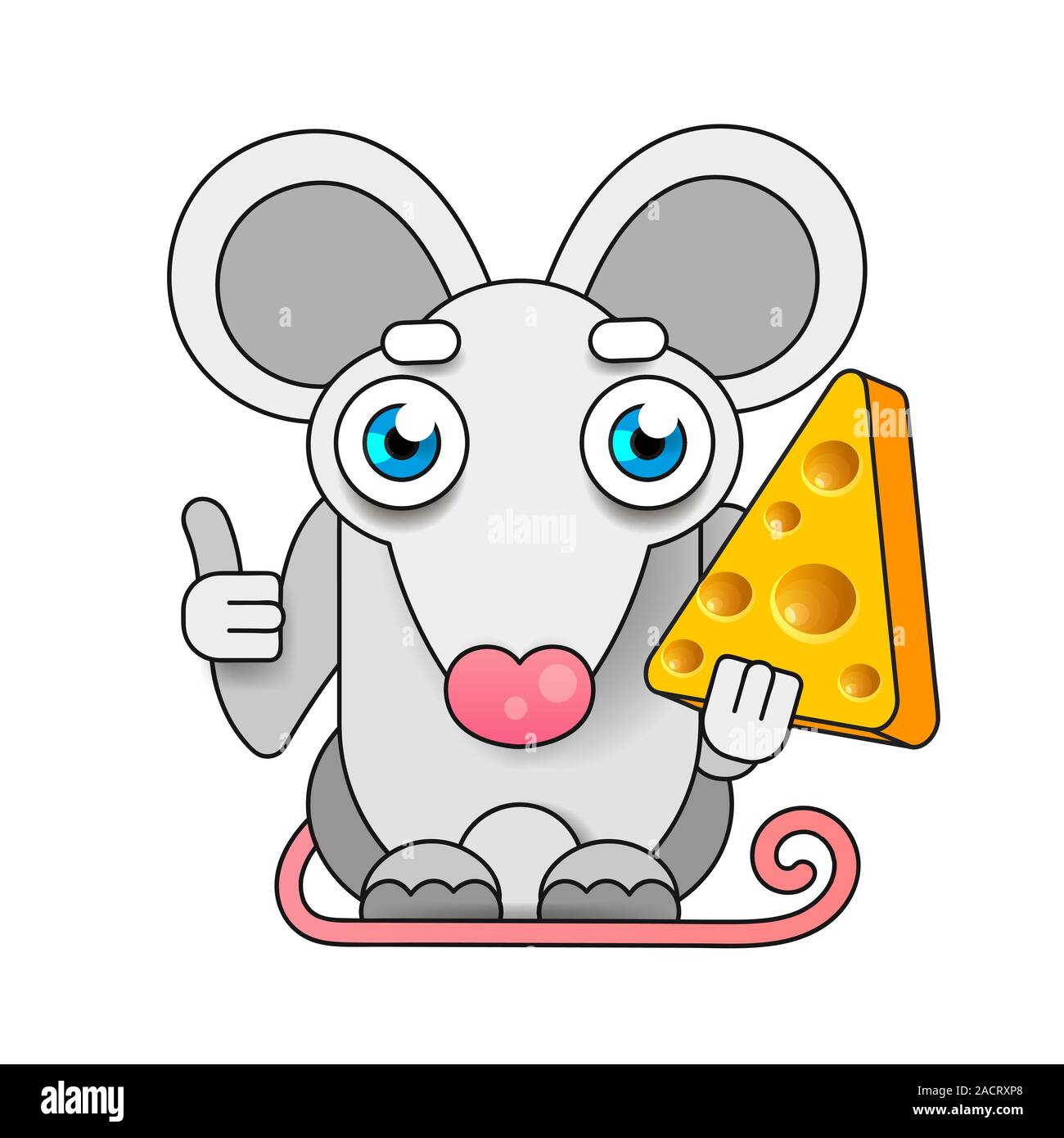 Divertente e carino permanente del mouse e tenendo premuto il formaggio-vettore. Mouse bianco. Illustrazione Vettoriale