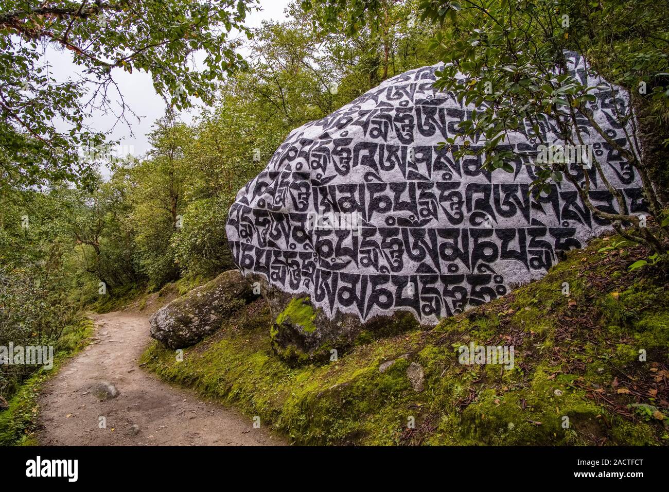 Grandi Mani di pietra con inciso il mantra tibetano OM MANI PADME HUM, situato all'entrata del villaggio Foto Stock