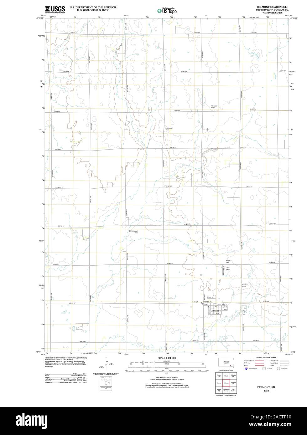 USGS TOPO Map South Dakota SD 20120618 Delmont TM il restauro Foto Stock