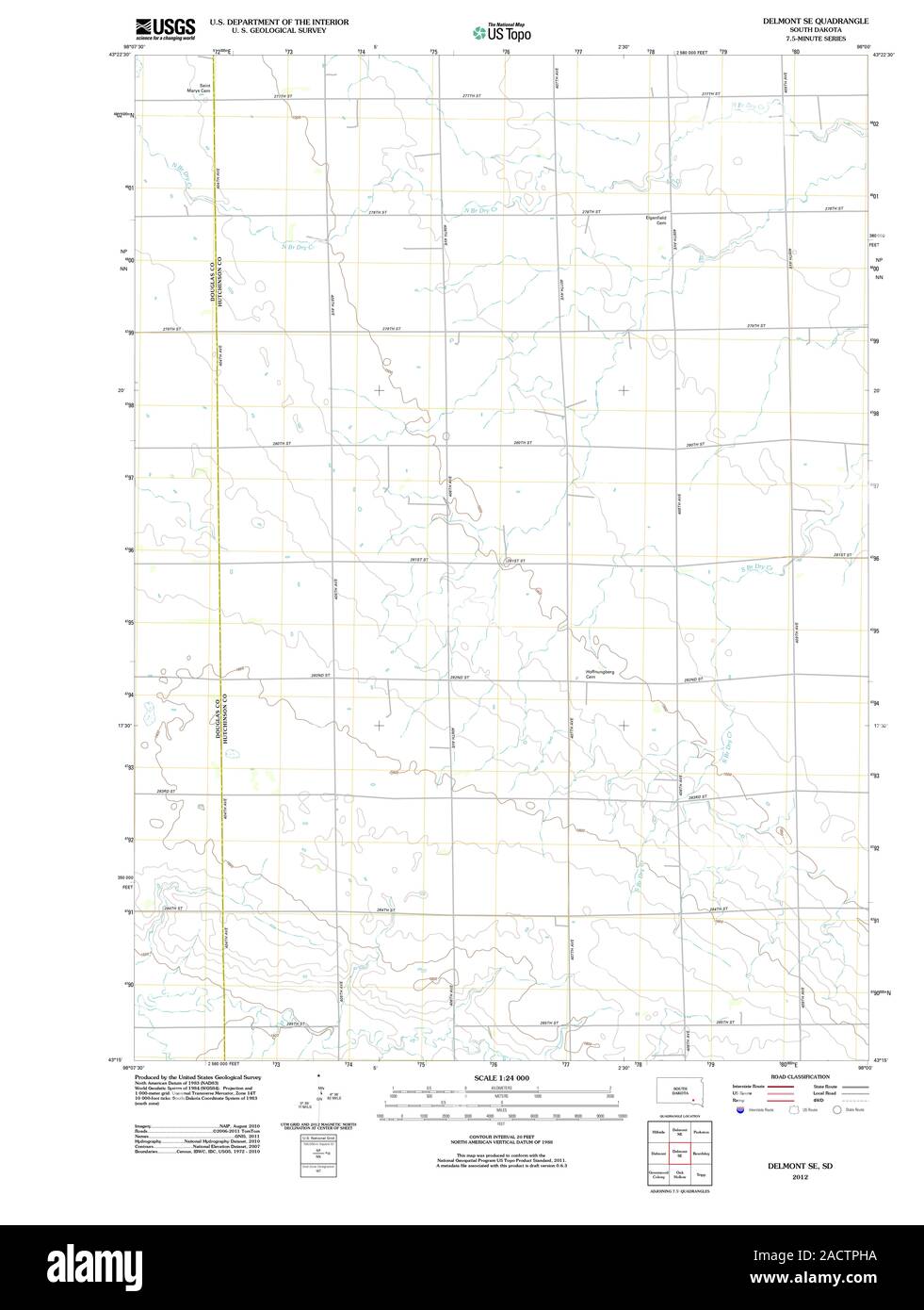 USGS TOPO Map South Dakota SD Delmont SE 20120618 TM il restauro Foto Stock