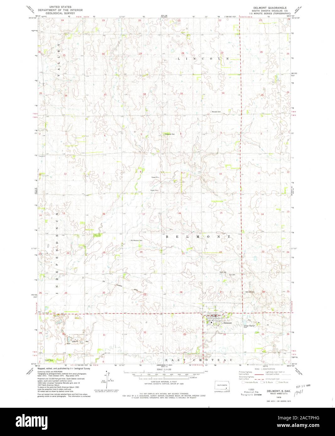 USGS TOPO Map South Dakota SD Delmont 343081 1979 24000 Restauro Foto Stock