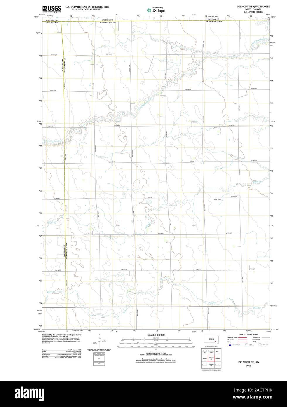 USGS TOPO Map South Dakota SD Delmont NE 20120618 TM il restauro Foto Stock