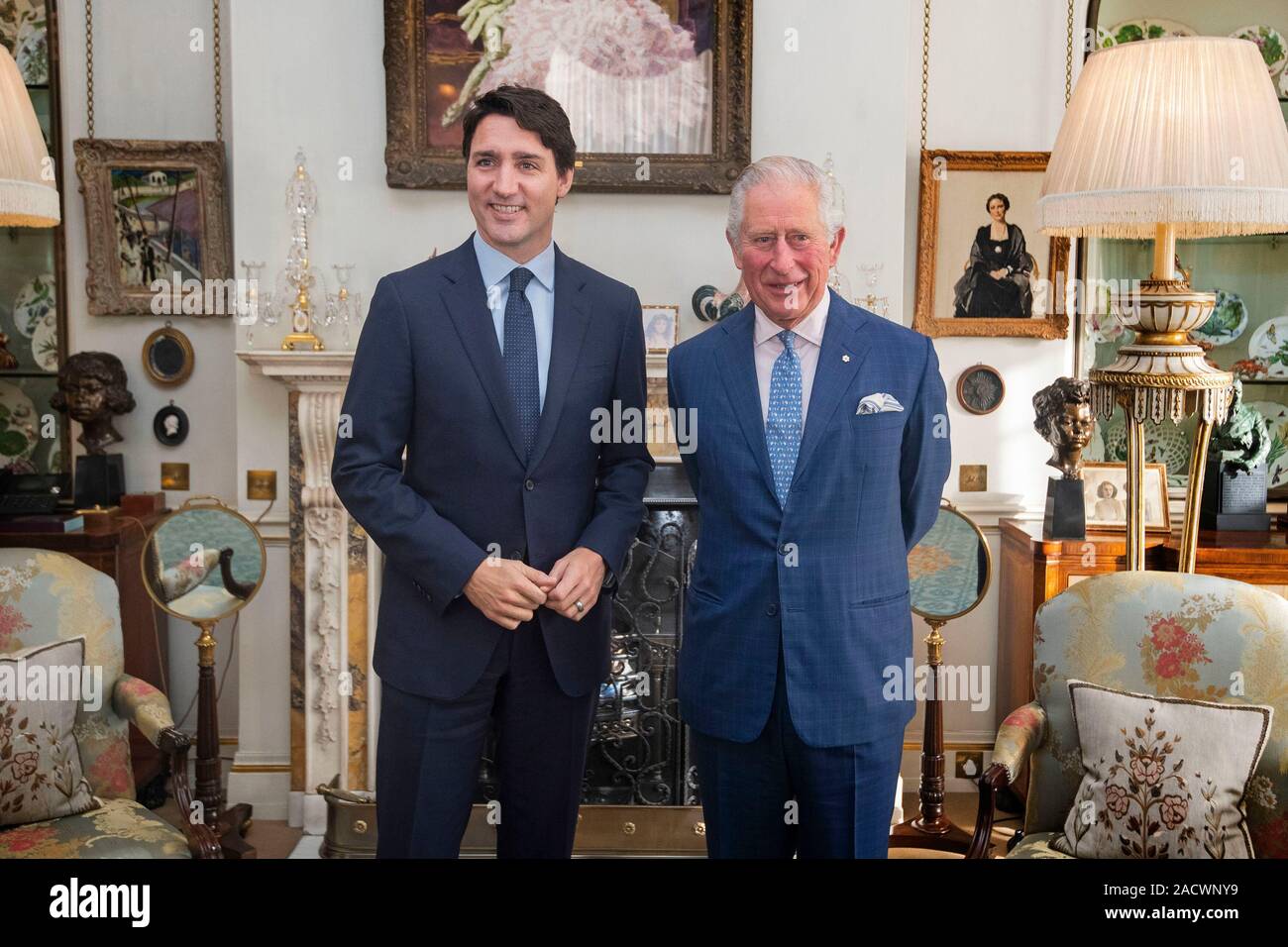 Il Principe di Galles incontra il primo ministro canadese Justin Trudeau al Clarence House, Londra centrale, come i leader della NATO si riuniscono per contrassegnare 70 anni di alleanza. Foto di PA. Picture Data: martedì 3 dicembre, 2019. Foto di credito dovrebbe leggere: Victoria Jones/filo PA Foto Stock