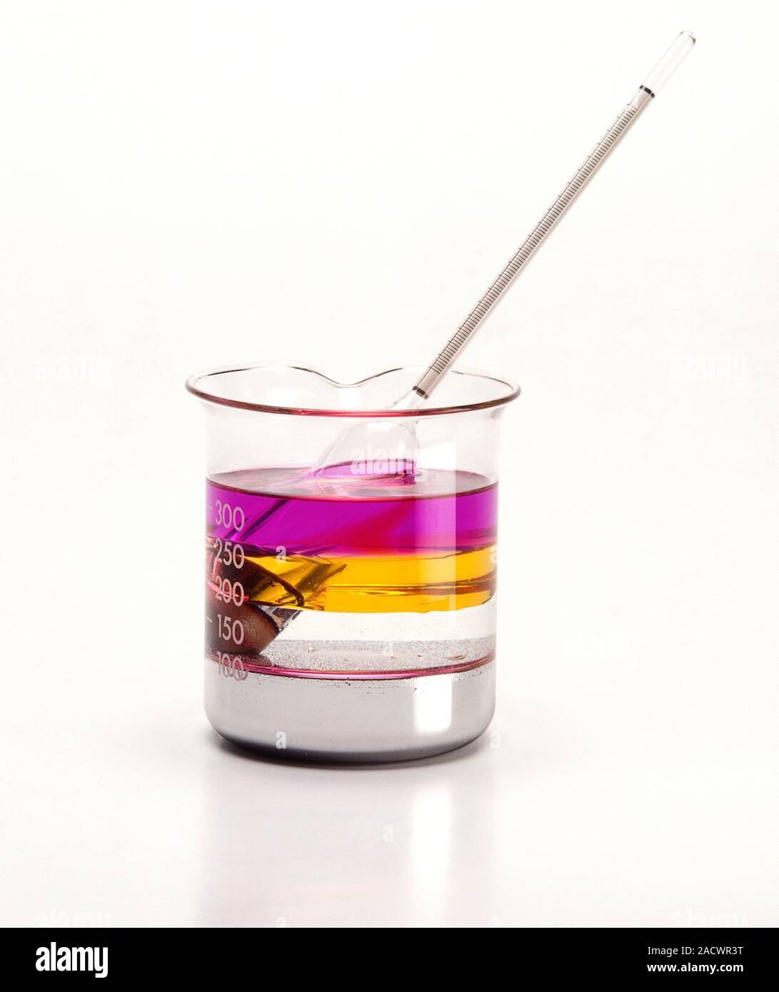 Liquidi (alcool denaturato, olio di mais, acqua, mercurio) di densità differenti in un bicchiere con un densimetro. Foto Stock
