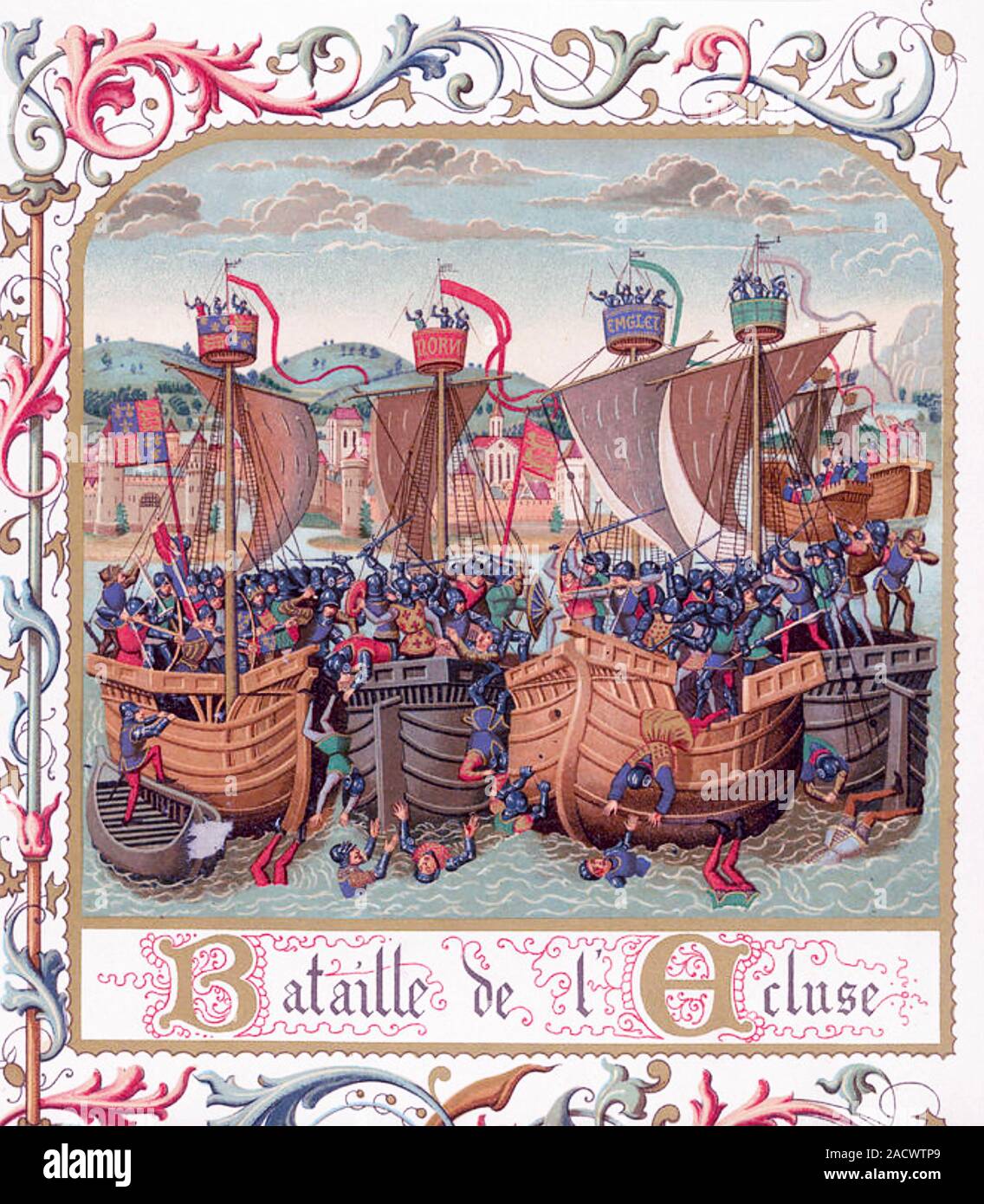 La battaglia di SLUYS 24 giugno 1340 come mostrato in Jean Froissart il XIV secolo Cronache Foto Stock