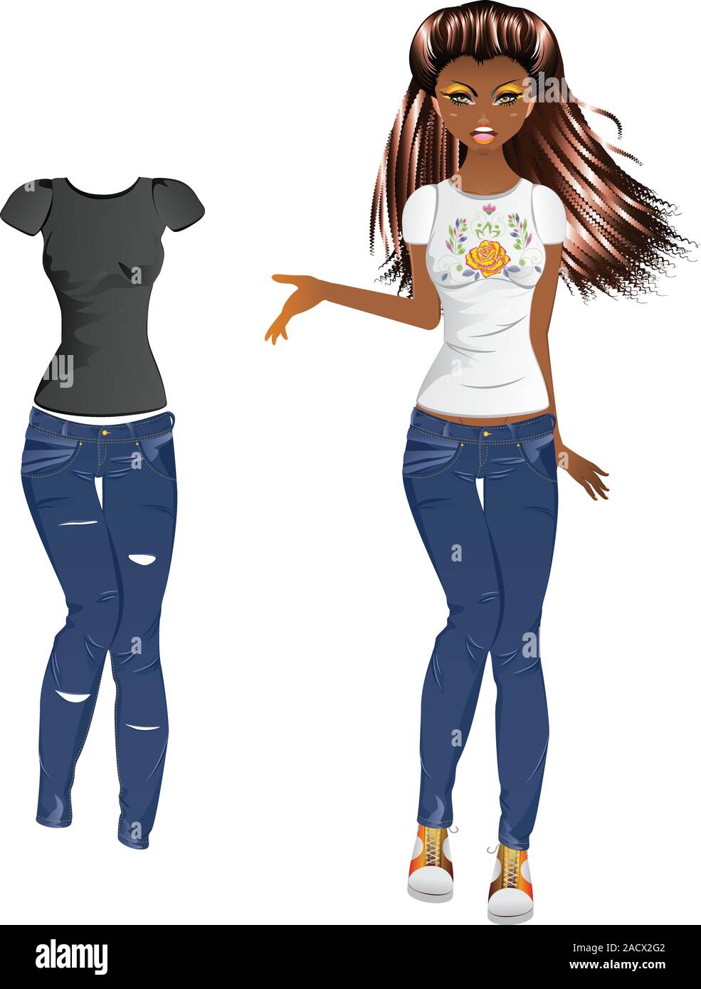 Cartoon di Moda ragazza in jeans e maglietta con ricami floreali. Illustrazione Vettoriale