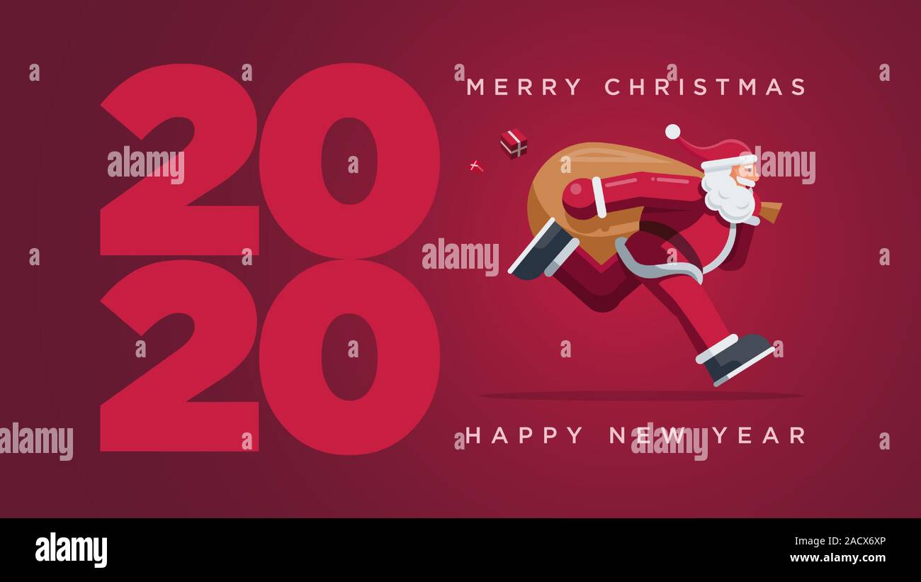 Santa Claus in esecuzione 2020. Il messaggio di saluto del vettore per la progettazione di Natale e Anno Nuovo 2020 Illustrazione Vettoriale