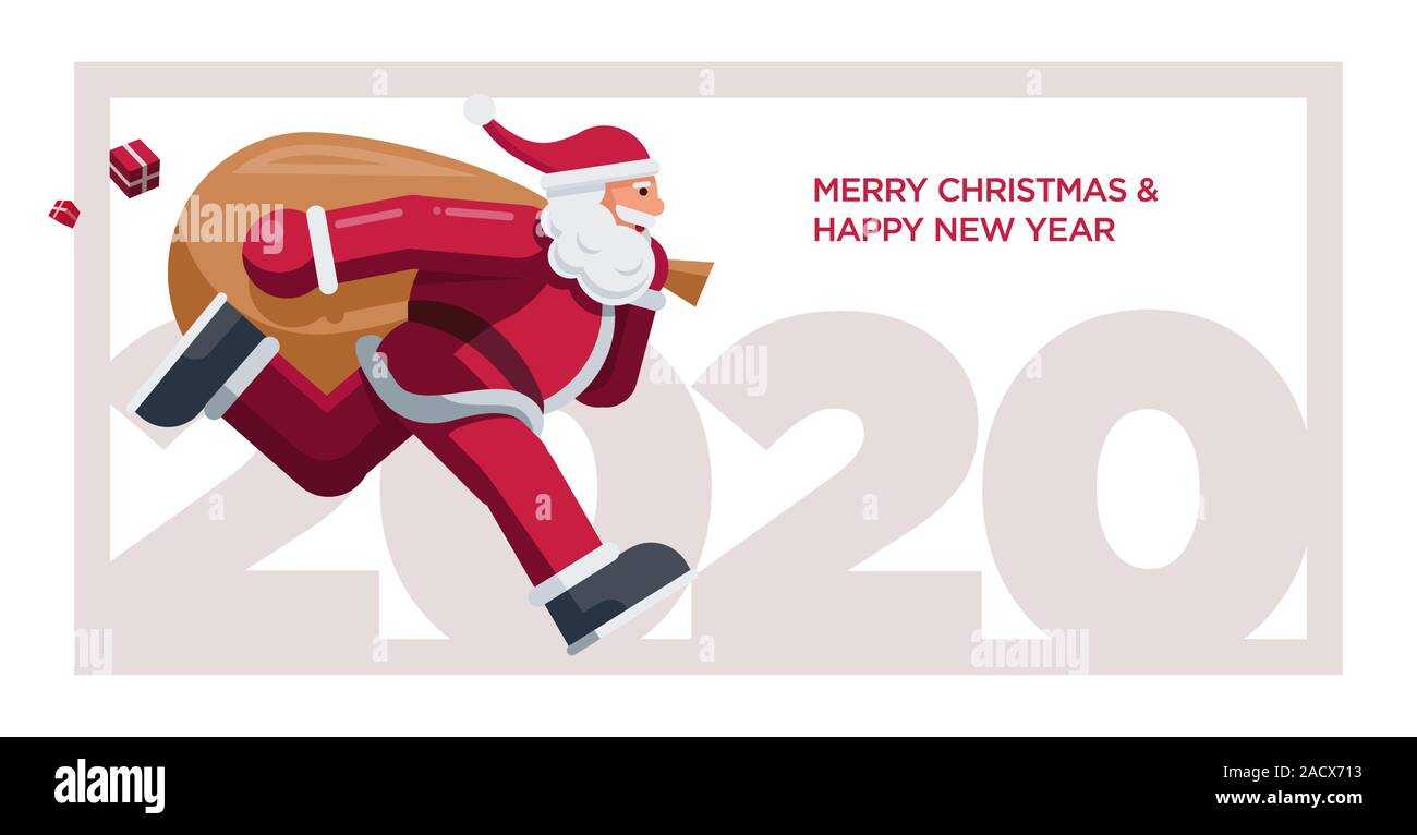 Santa Claus in esecuzione 2020. Il messaggio di saluto del vettore per la progettazione di Natale e Anno Nuovo 2020 Illustrazione Vettoriale