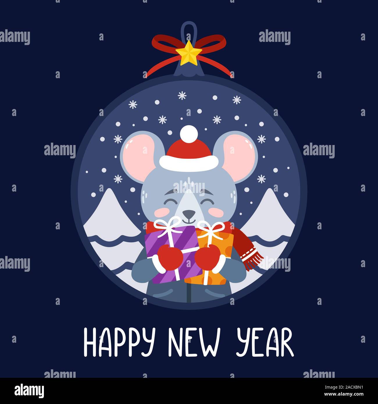 Pallina di natale con l'immagine di azienda di ratto doni. Il simbolo del nuovo anno cinese 2020. Biglietto di auguri con un mouse per il nuovo anno e di Natale Illustrazione Vettoriale