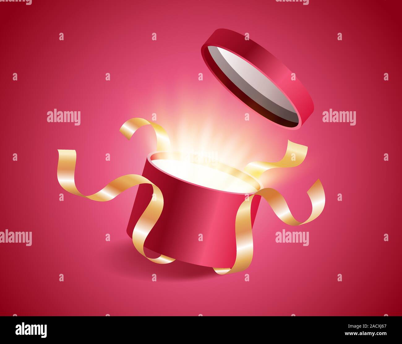 Rotondo rosso aperto 3D realistici scatola regalo con magico bagliore luminoso e golden nastri battenti fuori il coperchio, il luogo per il vostro testo illustrazione vettoriale Illustrazione Vettoriale