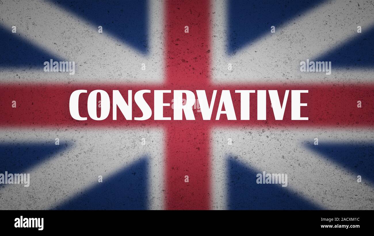 Politica britannica poster - la parola "conservativa" su sfocato Union Jack flag. L'illustrazione per la politica britannica, governative sistema legislativo Foto Stock