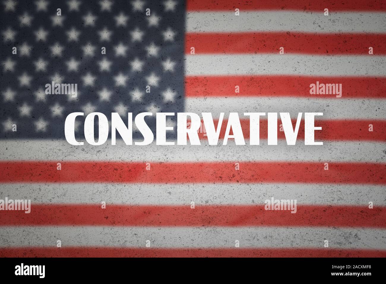 La parola "conservativa" sulla bandiera Usa sfondo. Concetto di politica americana e il sistema legislativo Foto Stock