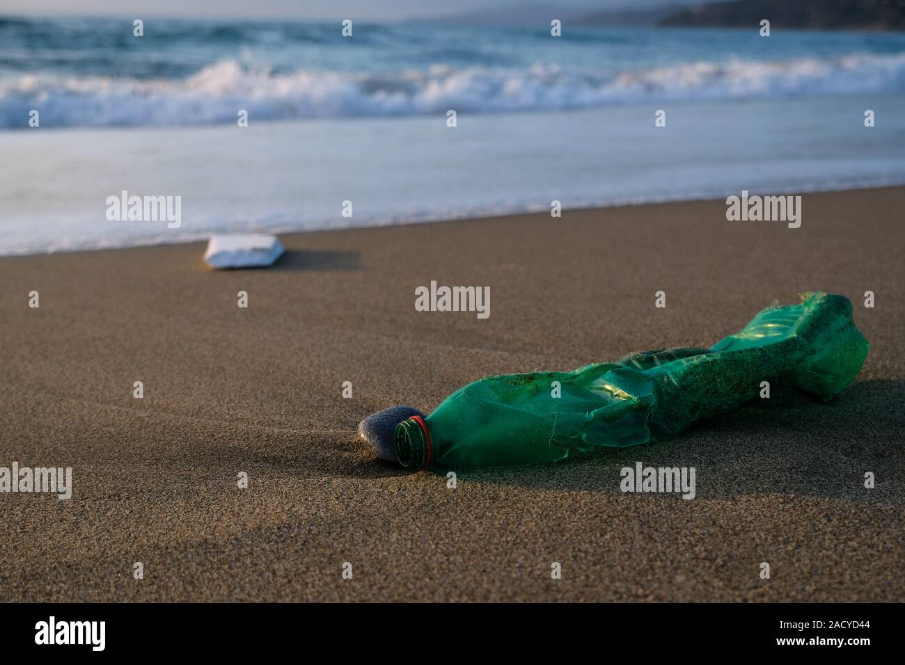 Verde bottiglia di plastica sulla riva del mare,Tramonto luce d'oro,inquinato il concetto di ecosistema Foto Stock