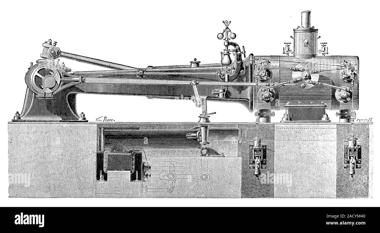 Farcot motore a vapore, xix secolo. Illustrazione di un motore a vapore con distributori oscillante e un condensatore. Questo motore è stato progettato da Farco Foto Stock