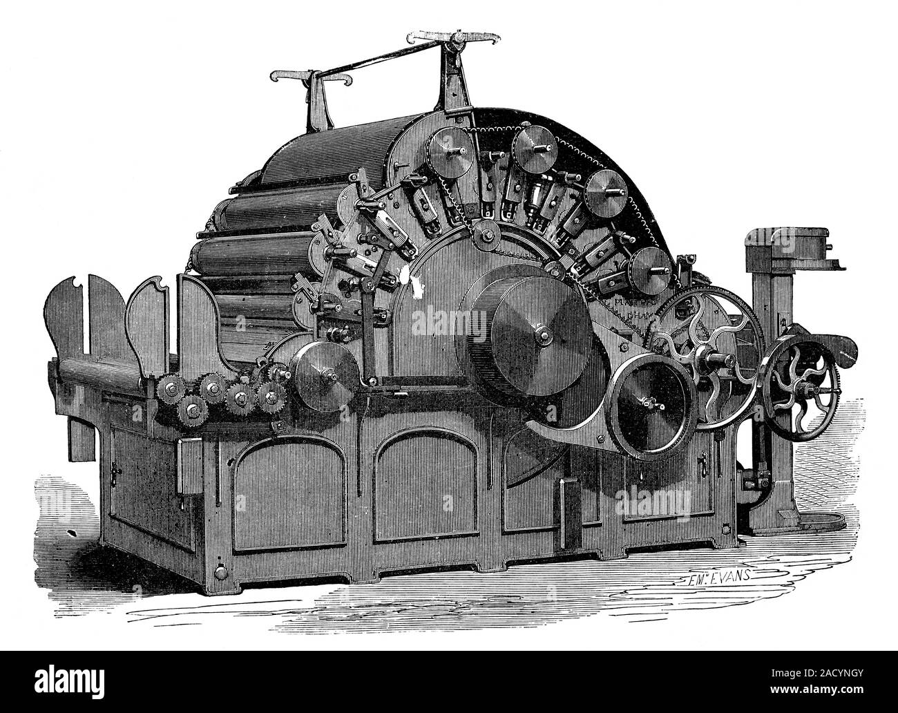 Macchina per cardare, xix secolo. Illustrazione di un demolitore macchina cardatrice utilizzata in cotone e industria tessile. La cardatura è una tecnica utilizzata per disin Foto Stock