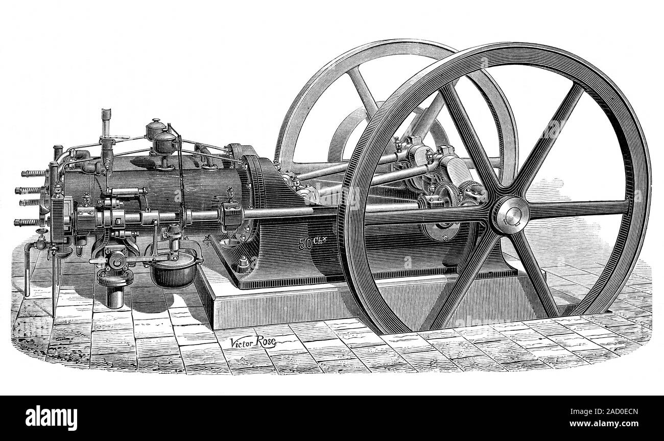 Otto motore a gas. Xix secolo illustrazione di un 2 cilindri, 50 cavalli vapore, Otto orizzontale motore a gas. Un motore a gas è un motore a combustione interna t Foto Stock