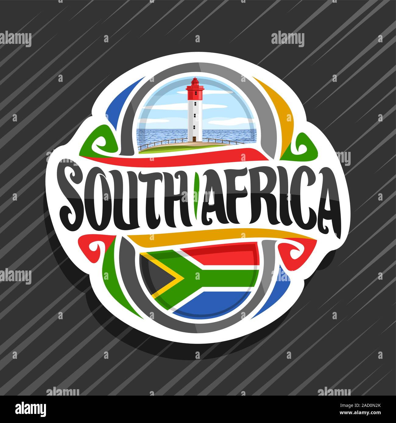 Il logo del vettore per il Sud Africa paese, frigo magnete con il Sud Africa bandiera di stato, spazzola originale carattere tipografico per parole del sud africa e simbolo nazionale Illustrazione Vettoriale
