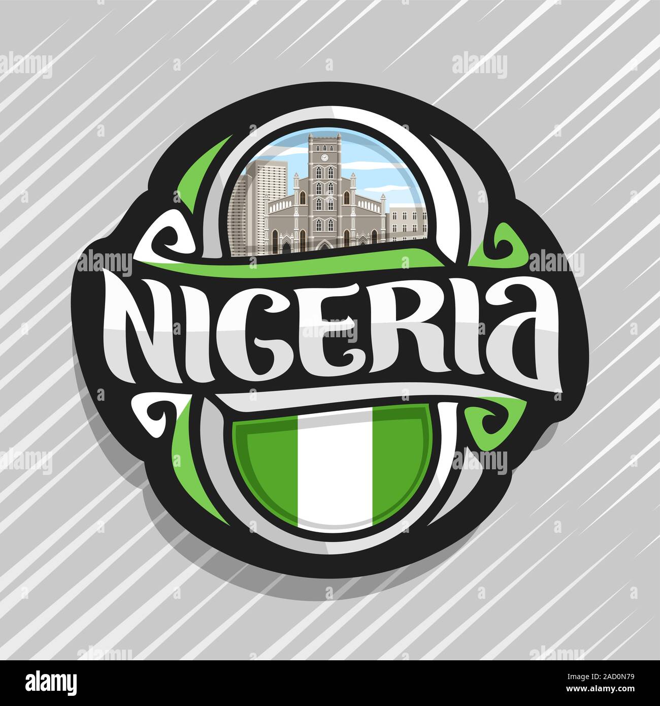 Il logo del vettore per il Nigeria, frigo magnete con bandiera nigeriana, spazzola originale carattere tipografico per parola nigeria e nazionale simbolo nigeriano - cattedrale c Illustrazione Vettoriale