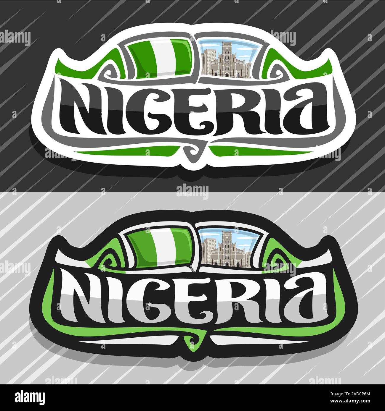 Il logo del vettore per il Nigeria, frigo magnete con bandiera nigeriana, spazzola originale carattere tipografico per parola nigeria e nazionale simbolo nigeriano - cattedrale c Illustrazione Vettoriale