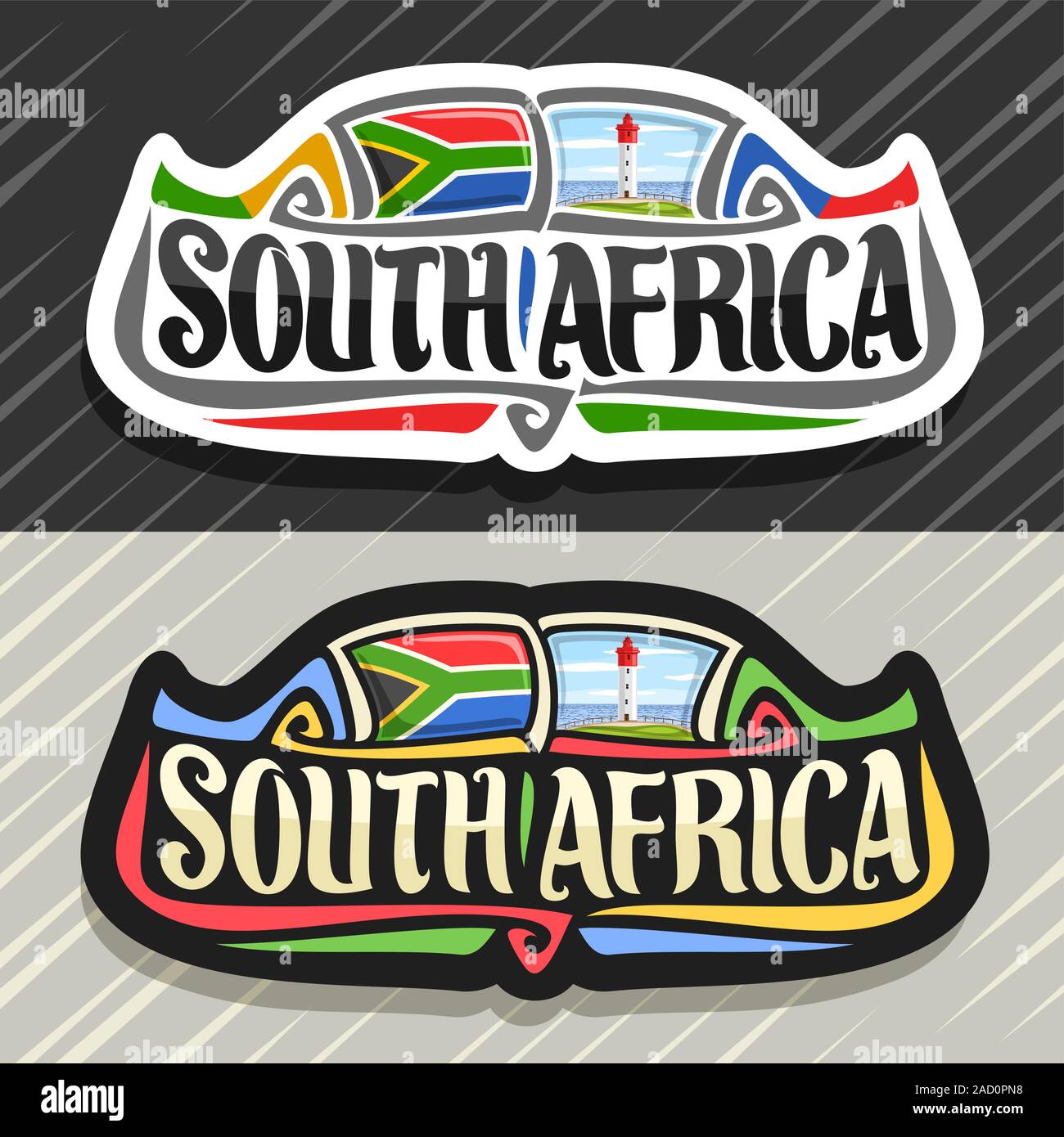 Il logo del vettore per il Sud Africa paese, frigo magnete con il Sud Africa bandiera di stato, spazzola originale carattere tipografico per parole del sud africa e simbolo nazionale Illustrazione Vettoriale