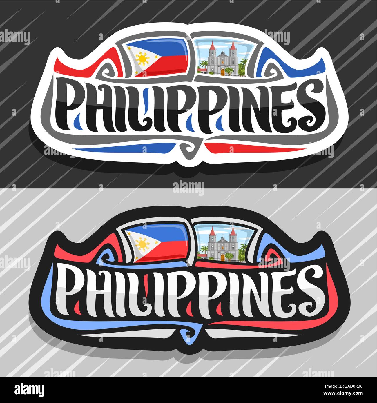 Il logo del vettore per paese filippine, frigo magnete con stato filippino bandiera, spazzola originale carattere tipografico per word filippine e nazionale simbolo filippino Illustrazione Vettoriale