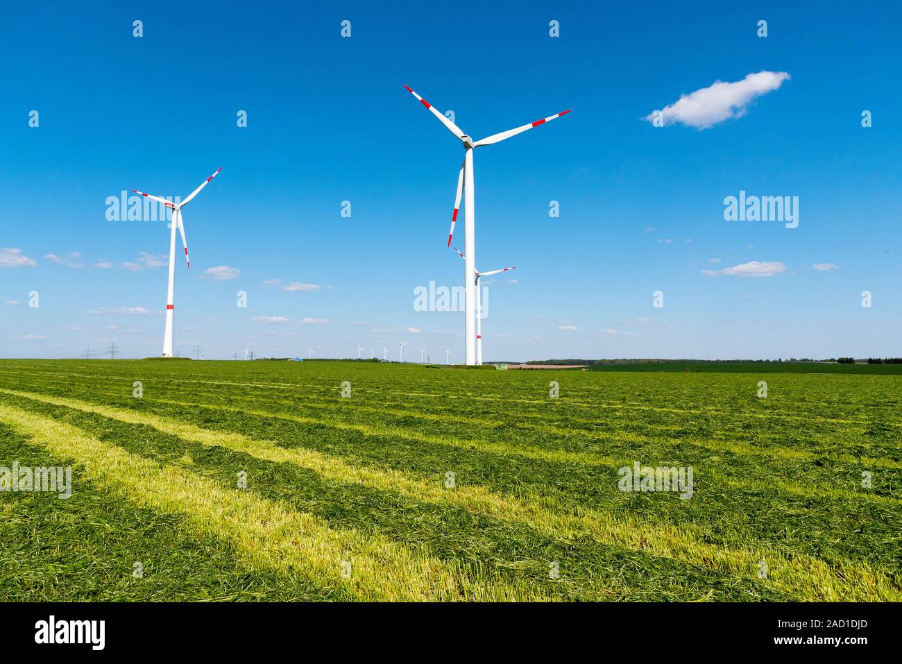 Turbine eoliche in un campo rasata di fieno, visto in Germania rurale Foto Stock