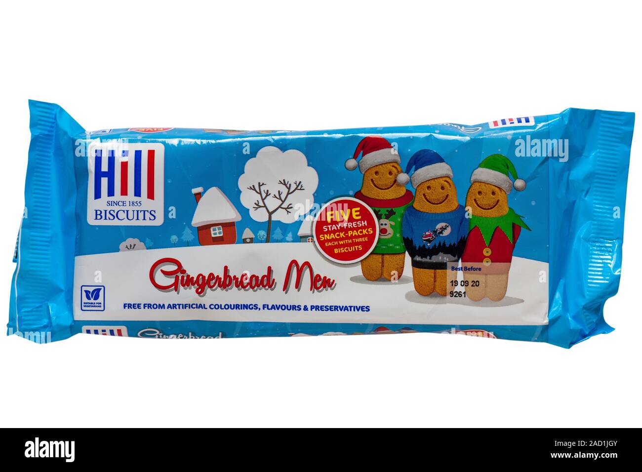 Pacchetto di biscotti Hill Gingerbread uomini isolati su sfondo bianco Foto Stock