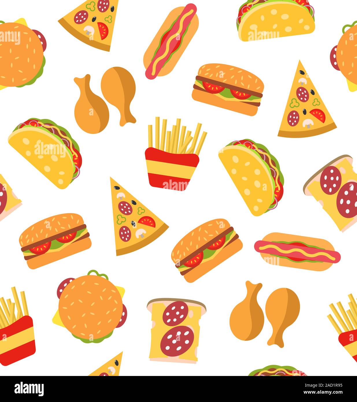 Modello senza cuciture con set di Fast Food icone piatta Foto Stock