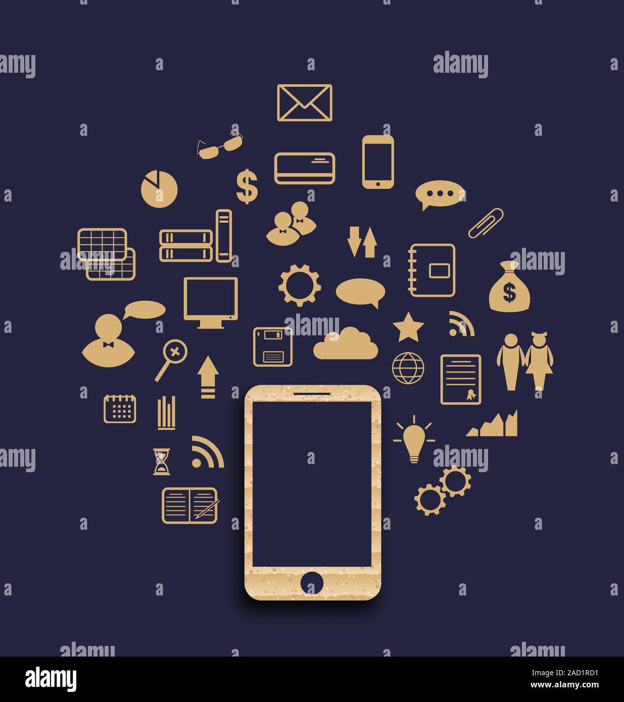 Mondo virtuale con lo smartphone, impostare elemento infografico Foto Stock