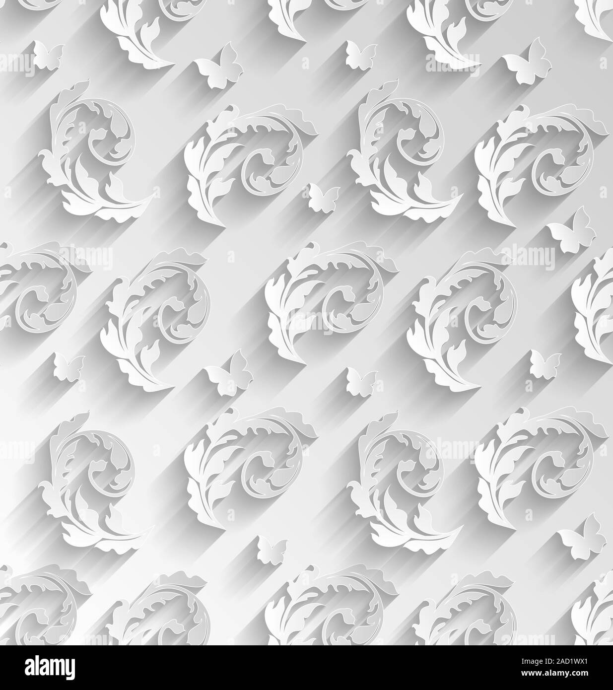Carta tagliata Seamless Pattern con elementi floreali e farfalle, Foto Stock