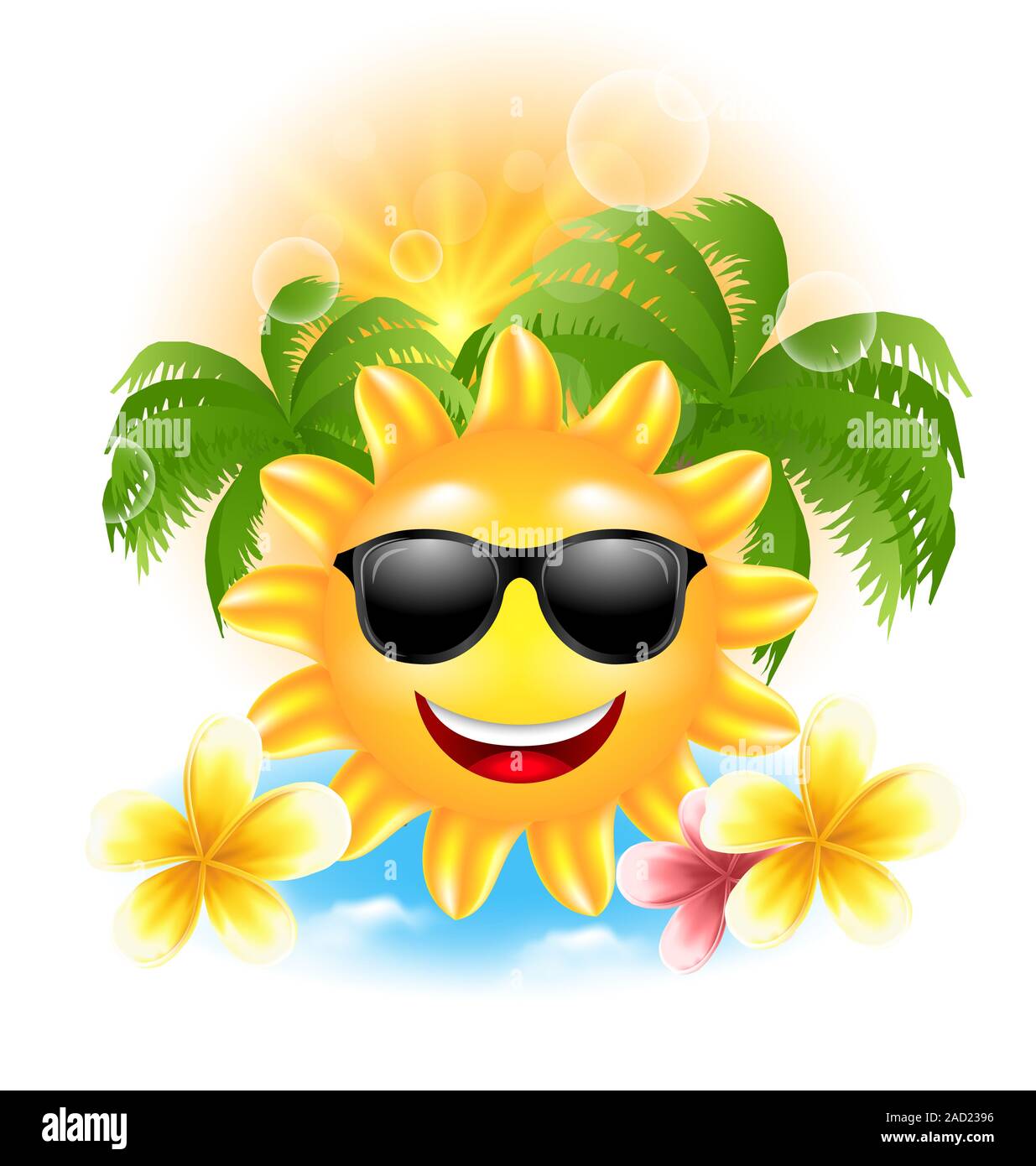 Estate divertente sfondo con sorridenti Sun, palme, fiori di frangipani Foto Stock