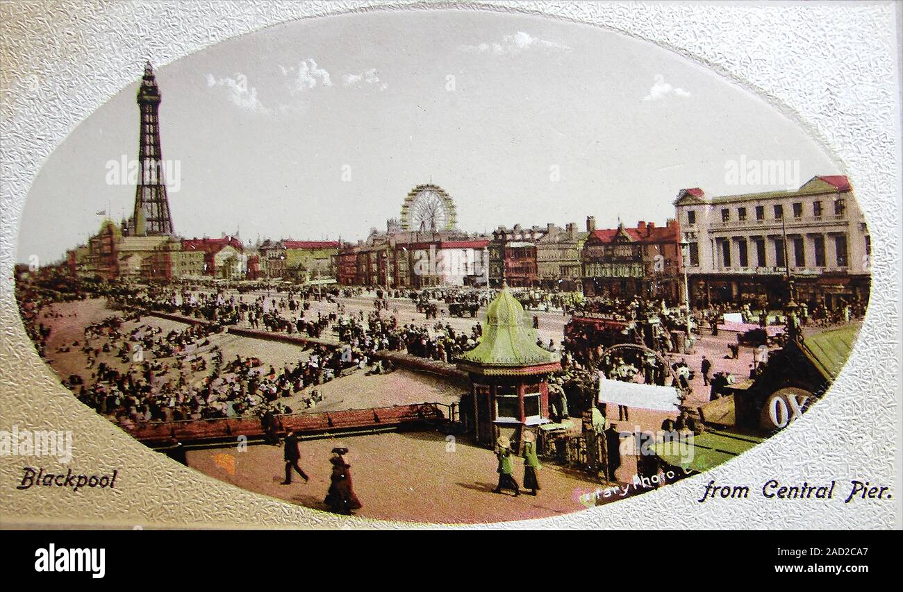 Un vecchio colorate a mano immagine di Blackpool (UK) lungomare comprese dalla torre di Blackpool Foto Stock