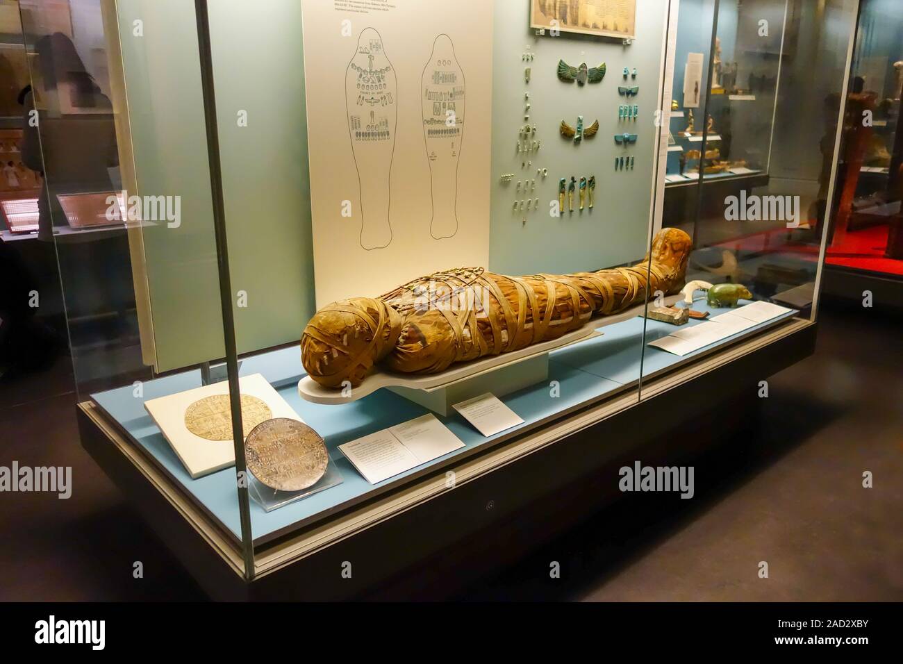 Mummie egizie sul display al British Museum, Great Russell St, Bloomsbury, London, England, Regno Unito Foto Stock