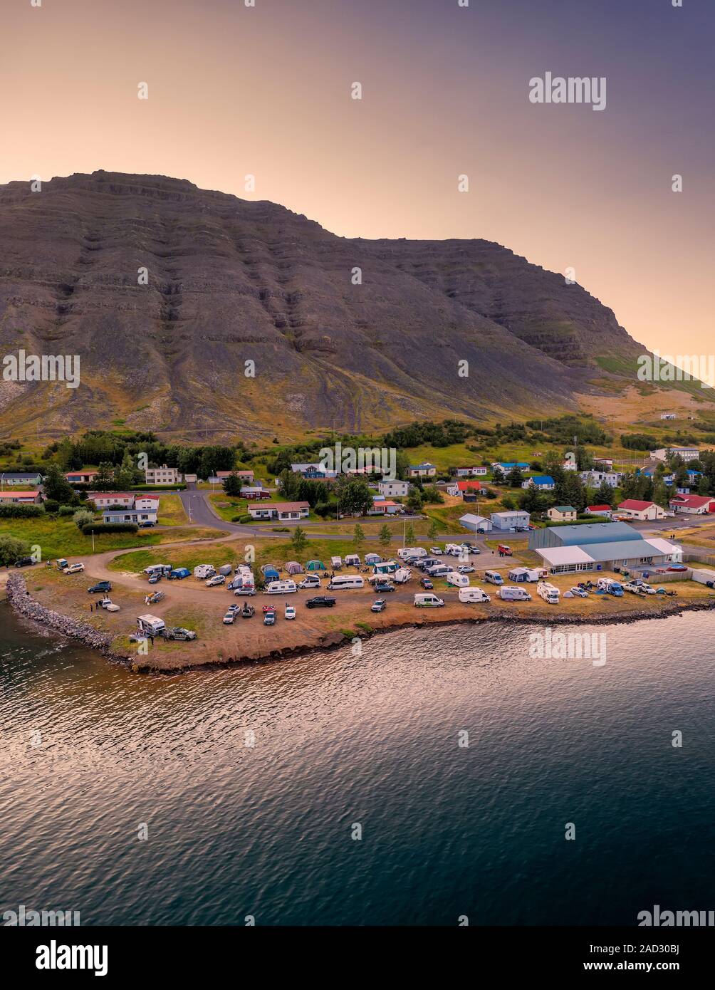 Campeggi, Bildudalur, Arnarfjordur fiordo, Westfjords, Islanda Foto Stock