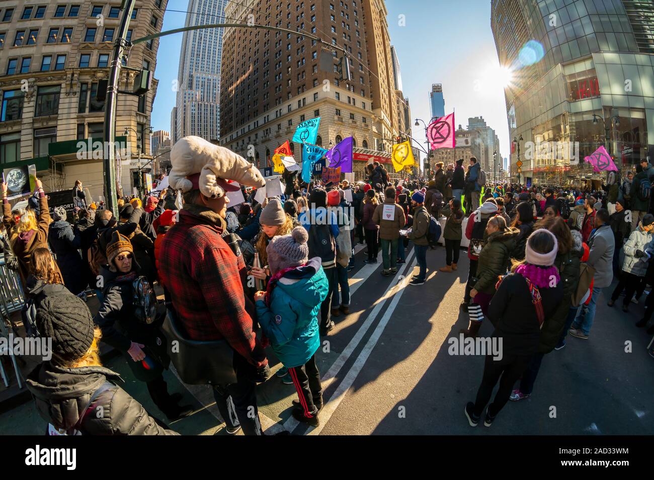 Gli attivisti ambientali collegate con estinzione della ribellione protestare in Herald Square a New York il Venerdì, 29 novembre 2019. (© Richard B. Levine) Foto Stock