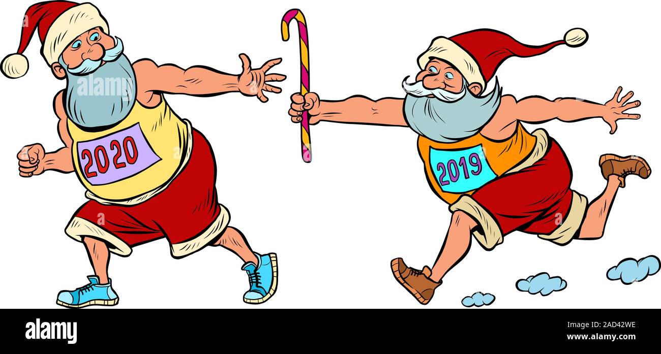 Relè sport. Babbo Natale vecchio 2019 e nuovo 2020..Natale e Capodanno Illustrazione Vettoriale