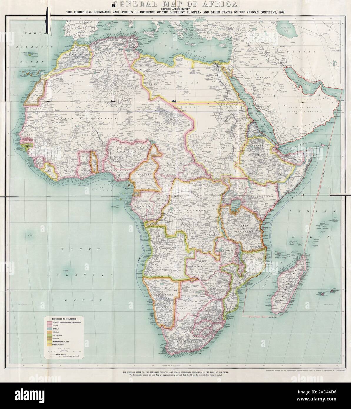 Mappa di Africa. Mappa politica africana che mostra i confini regionali nel 1909. La Conferenza di Berlino del 1884-85 aveva formalizzato la divisione dell'Africa tra Foto Stock