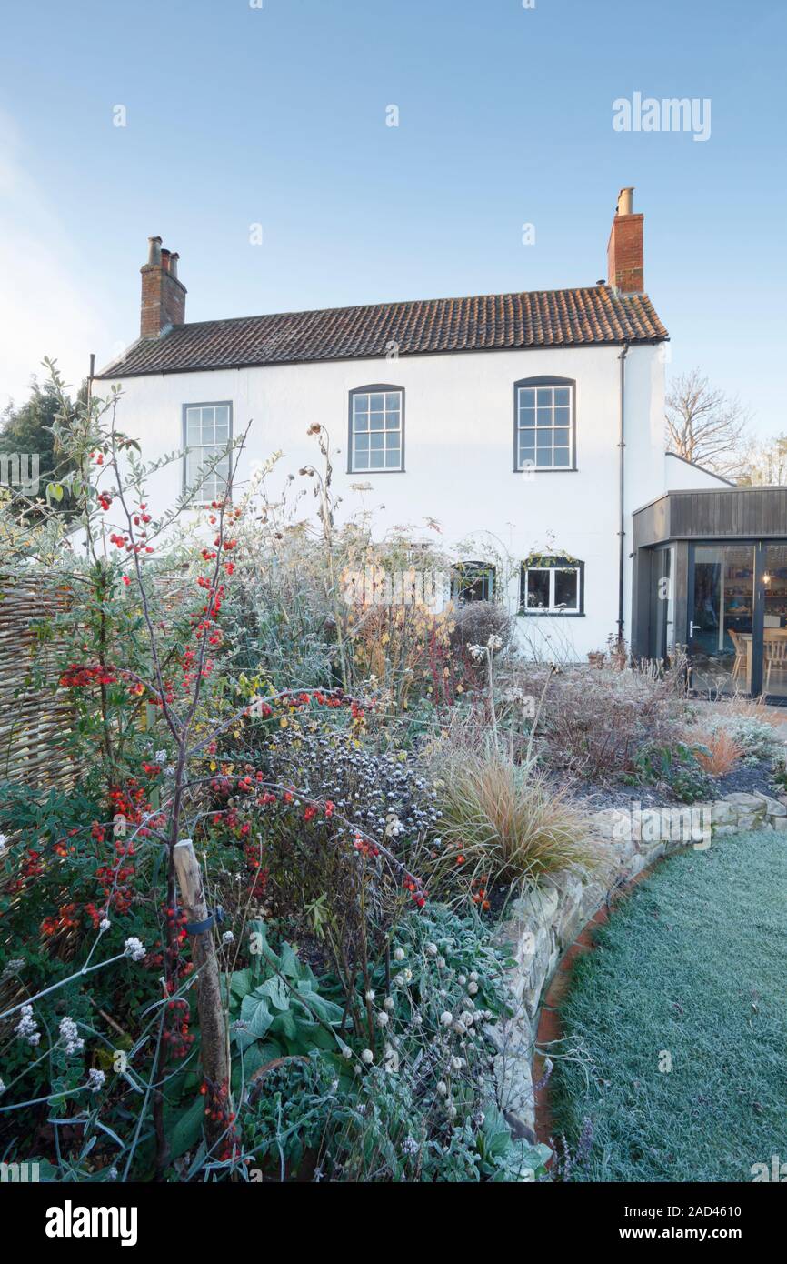 Periodo elencati house con moderna estensione e giardino su un gelido inverno mattina. Bristol. Regno Unito. Foto Stock