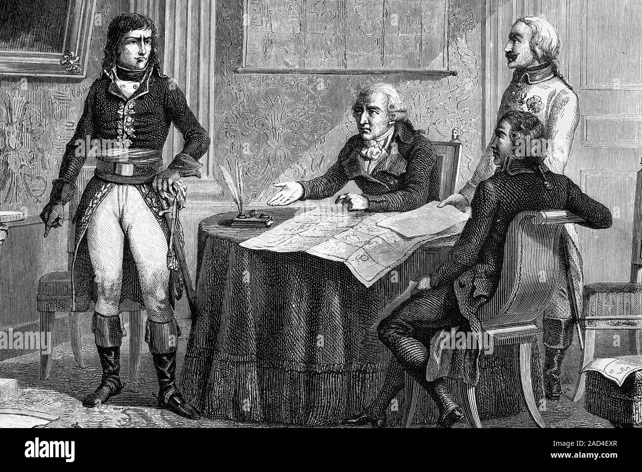 Discussione sul trattato di Campoformio. Il 18 ottobre 1797. La monarchia austriaca e la Repubblica francese. Illustrazione di antiquariato. 1890. Foto Stock