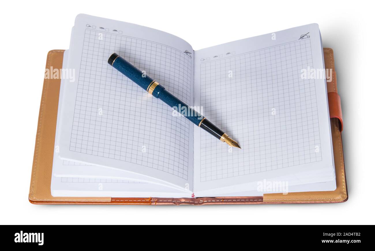 Penna stilografica sulla parte superiore del notebook aperto Foto Stock