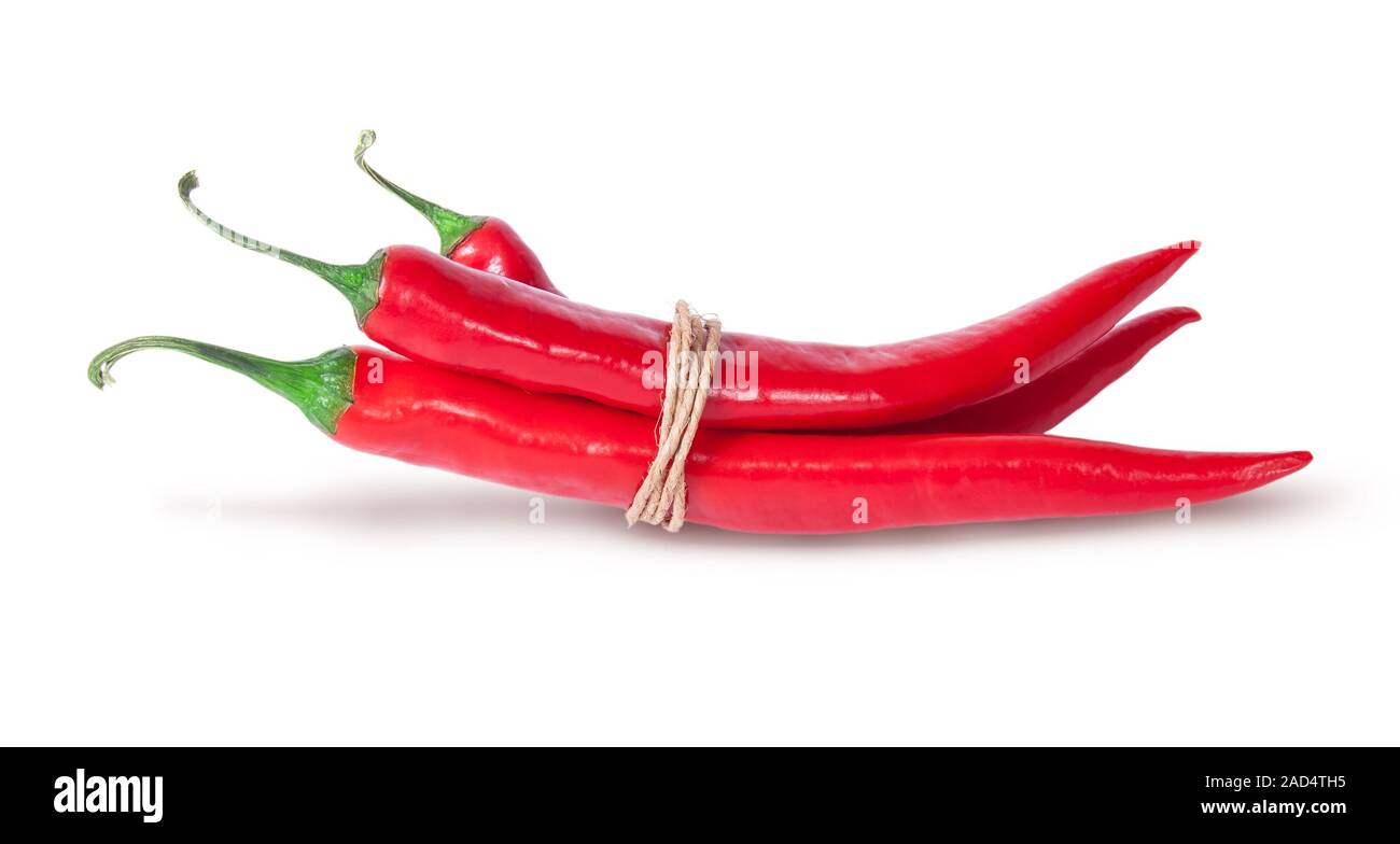 3 peperoncino rosso legato con una corda Foto Stock