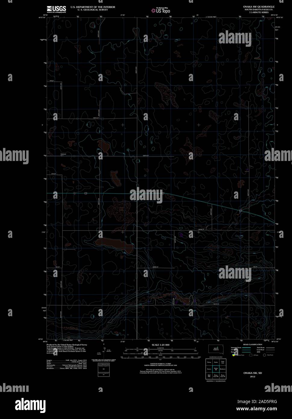 USGS TOPO Map South Dakota SD SW Onaka 20120608 TM restauro invertito Foto Stock
