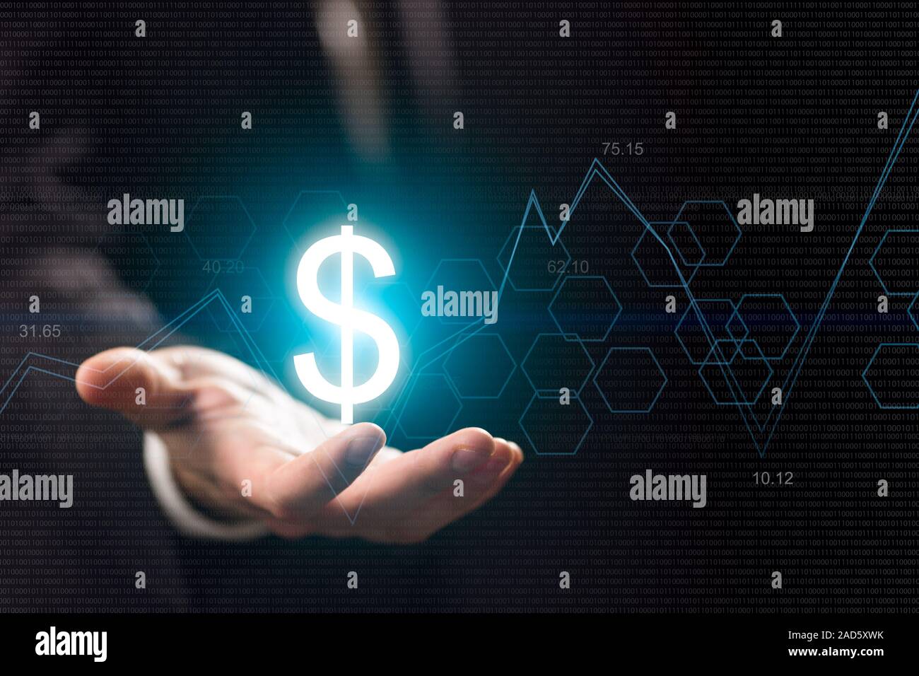 Simboli di valuta sulla mano umana. Per far soldi e ricchezza Foto Stock