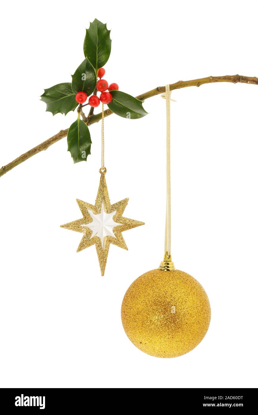 Oro glitter stella di Natale e pallina pendente da un ramo di agrifoglio isolata contro bianco Foto Stock