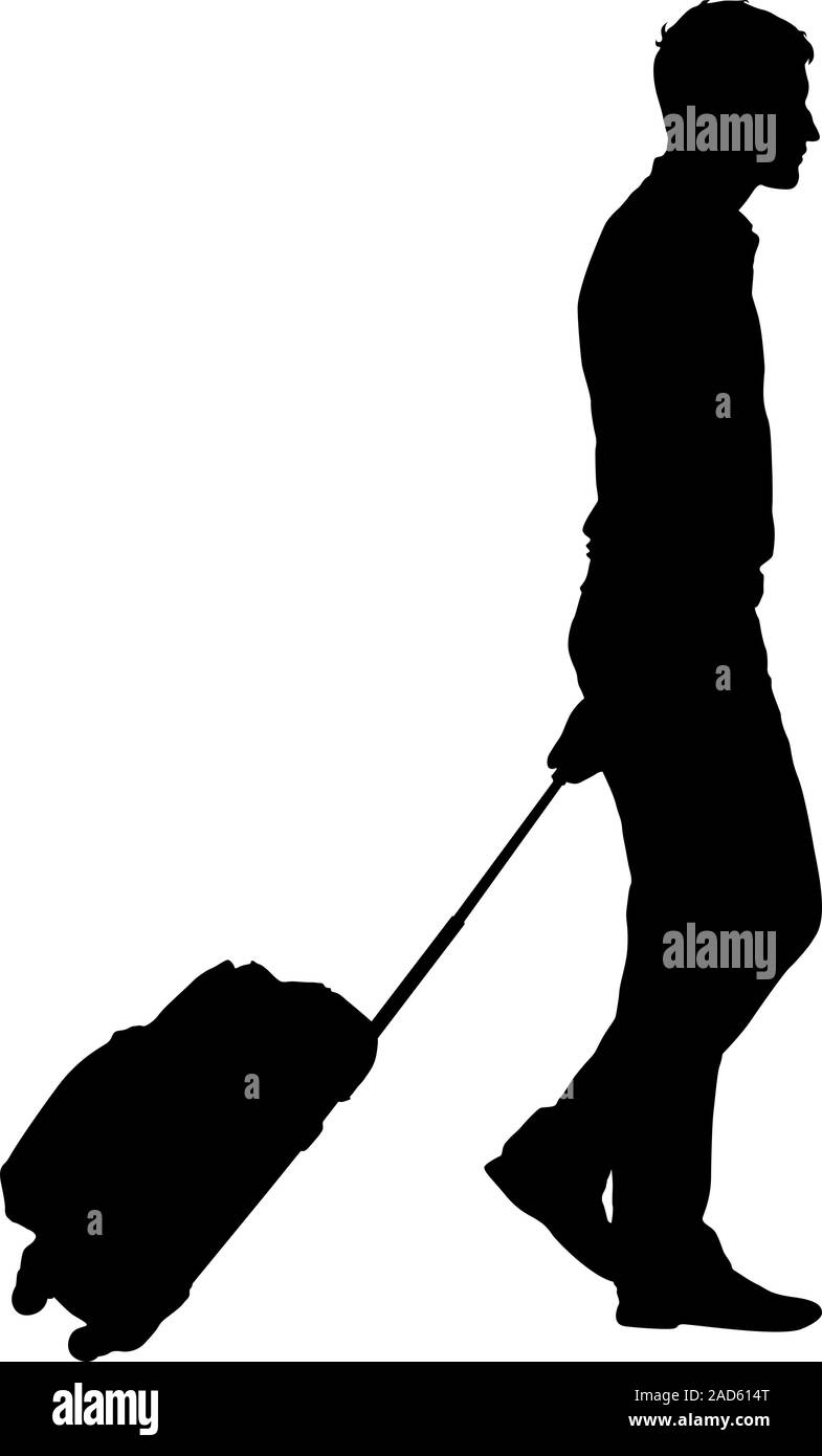 Silhouette nera i viaggiatori con le valigie su sfondo bianco. Illustrazione Vettoriale. Illustrazione Vettoriale