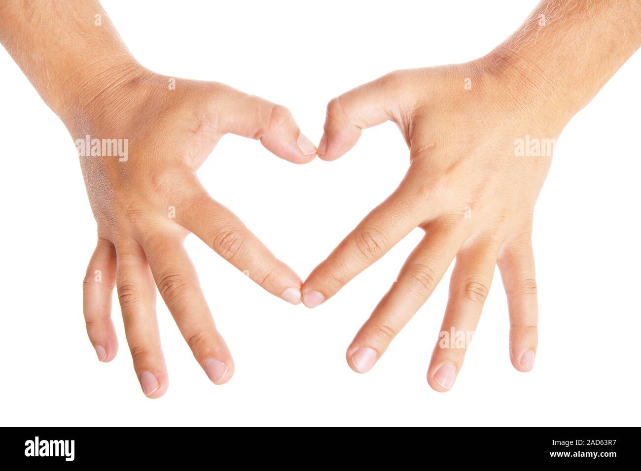 Le mani formando un cuore su bianco Foto Stock