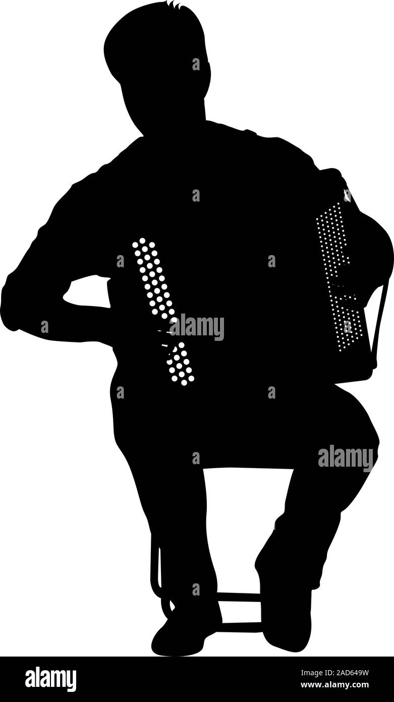Silhouette musicista, accordion player su sfondo bianco, illustrazione vettoriale. Illustrazione Vettoriale