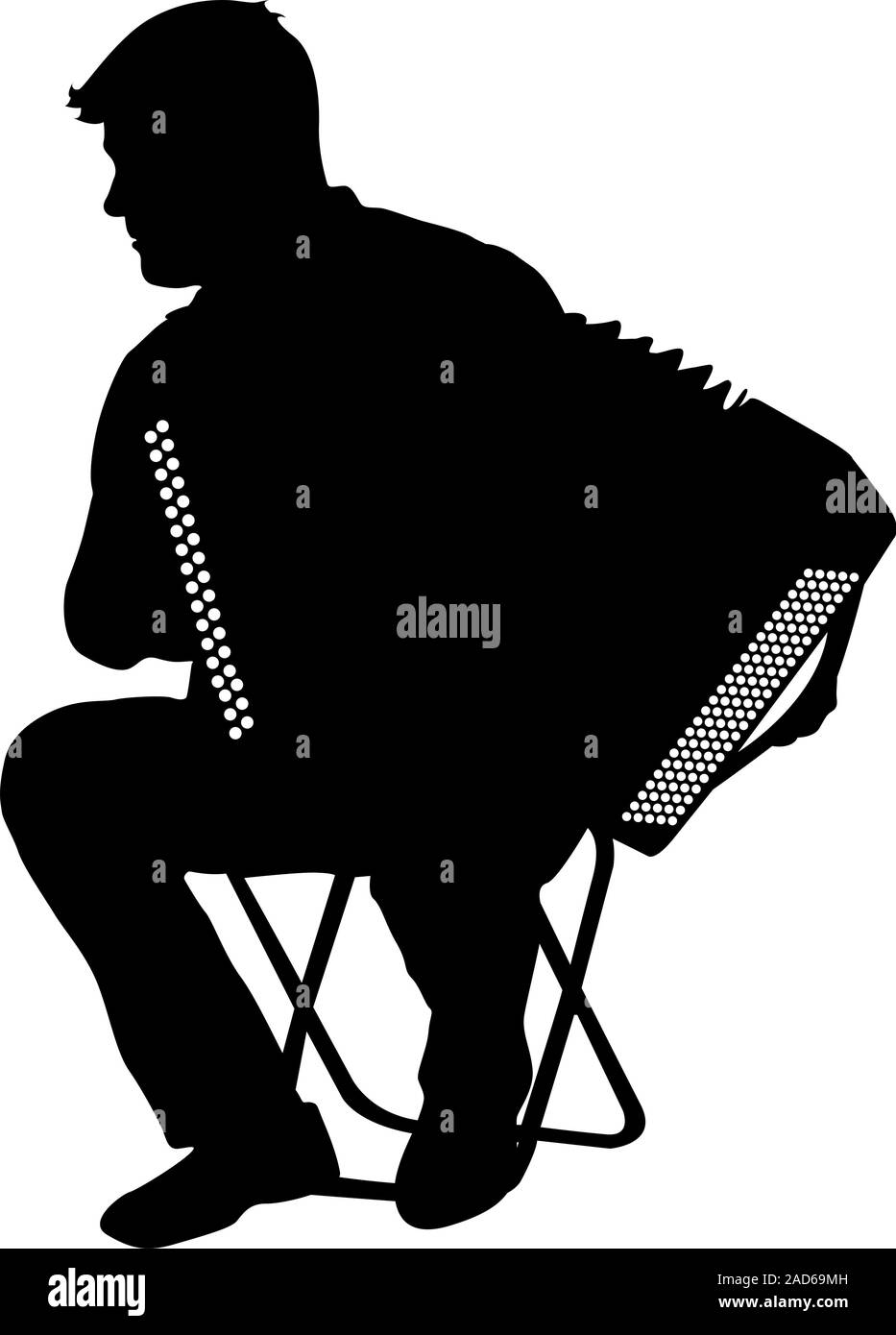 Silhouette musicista, accordion player su sfondo bianco, illustrazione vettoriale. Illustrazione Vettoriale